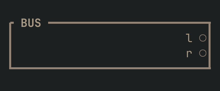 The BUS card as vimsynth draws it: its title bar, 0 knobs, 0 inputs down the left edge and 2 outputs down the right