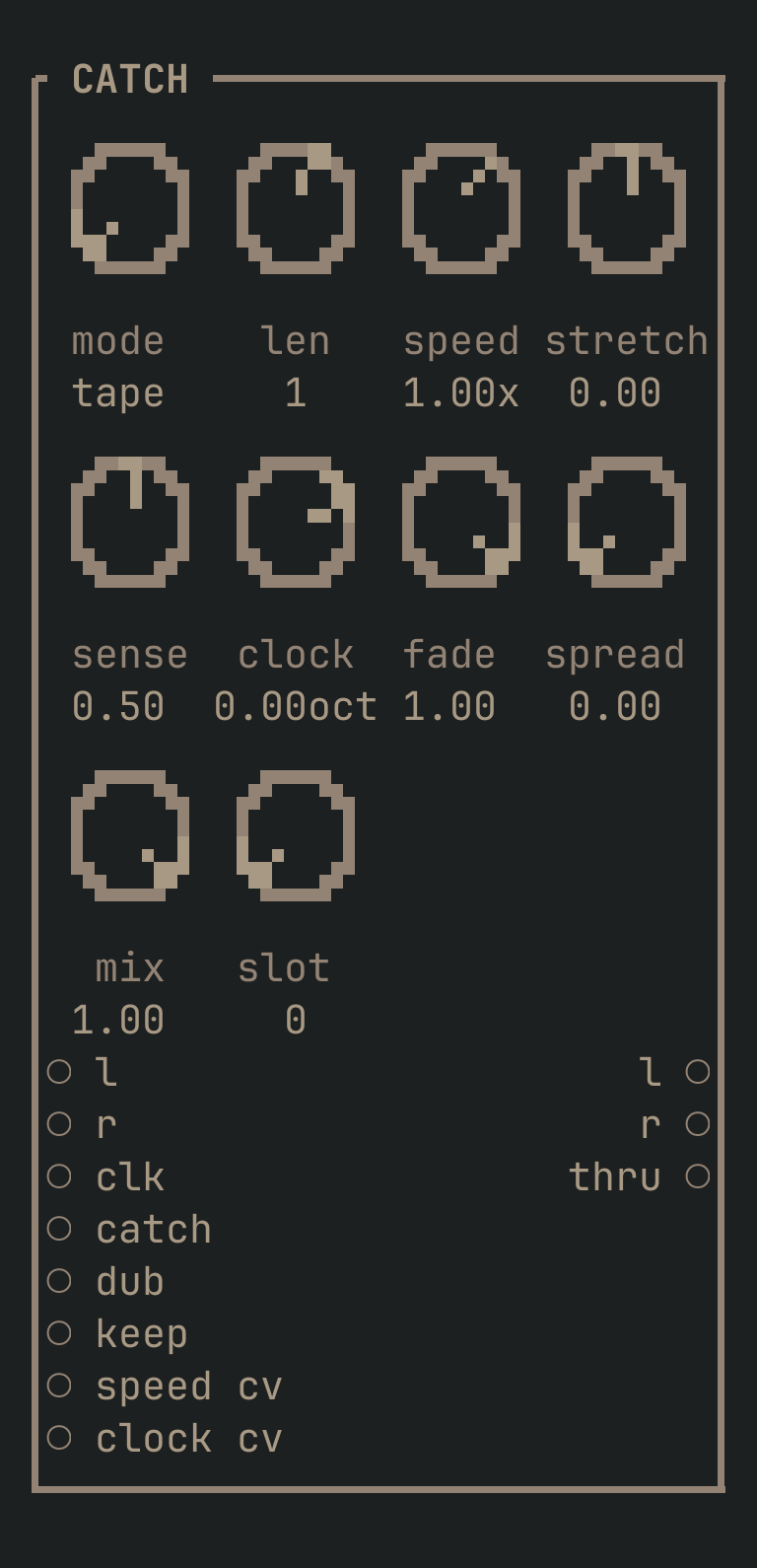 The CATCH card as vimsynth draws it: its title bar, 10 knobs, 8 inputs down the left edge and 3 outputs down the right