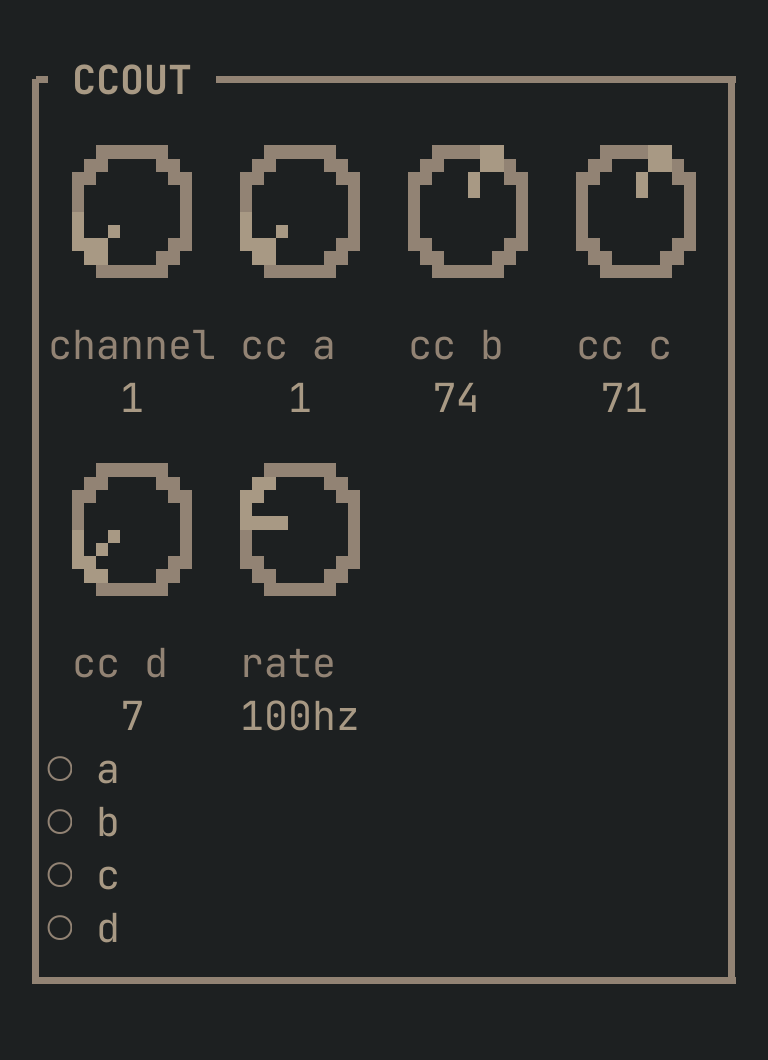The CCOUT card as vimsynth draws it, 32 by 20 terminal cells