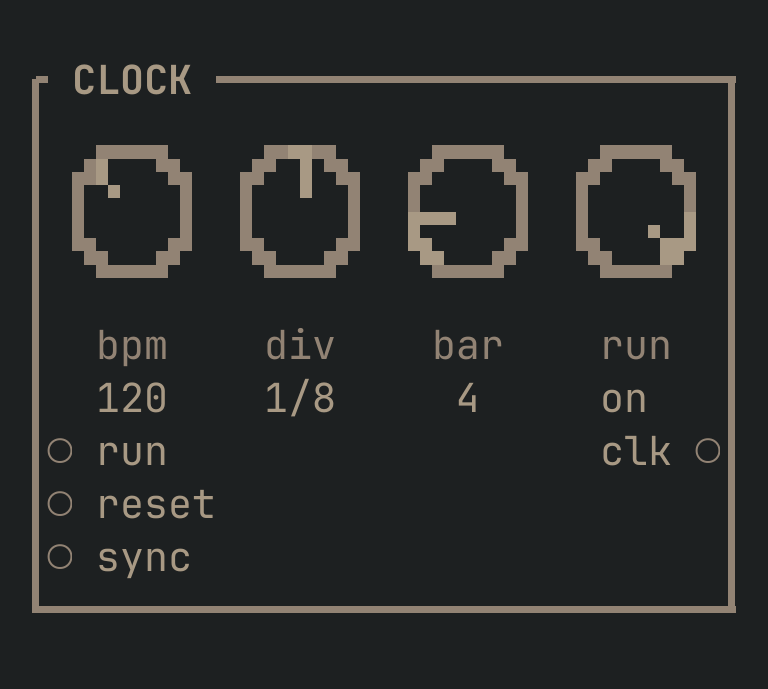 The CLOCK card as vimsynth draws it: its title bar, 4 knobs, 3 inputs down the left edge and 1 outputs down the right