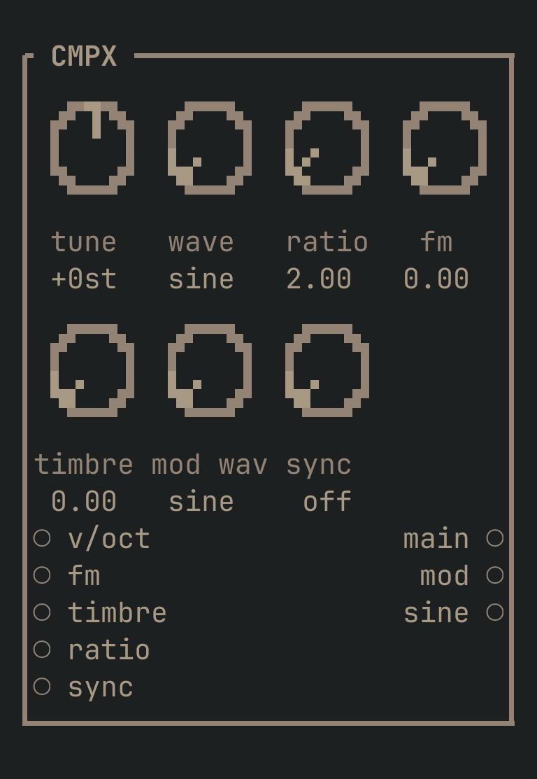 The CMPX card as vimsynth draws it, 32 by 21 terminal cells