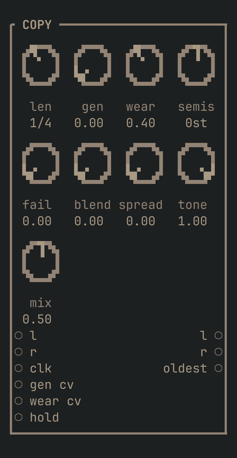 The COPY card as vimsynth draws it: its title bar, 9 knobs, 6 inputs down the left edge and 3 outputs down the right