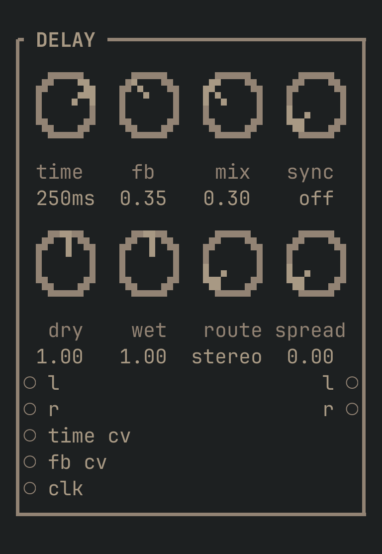 The DELAY card as vimsynth draws it, 32 by 21 terminal cells