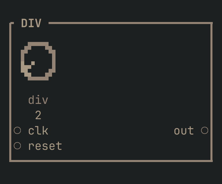The DIV card as vimsynth draws it: its title bar, 1 knobs, 2 inputs down the left edge and 1 outputs down the right