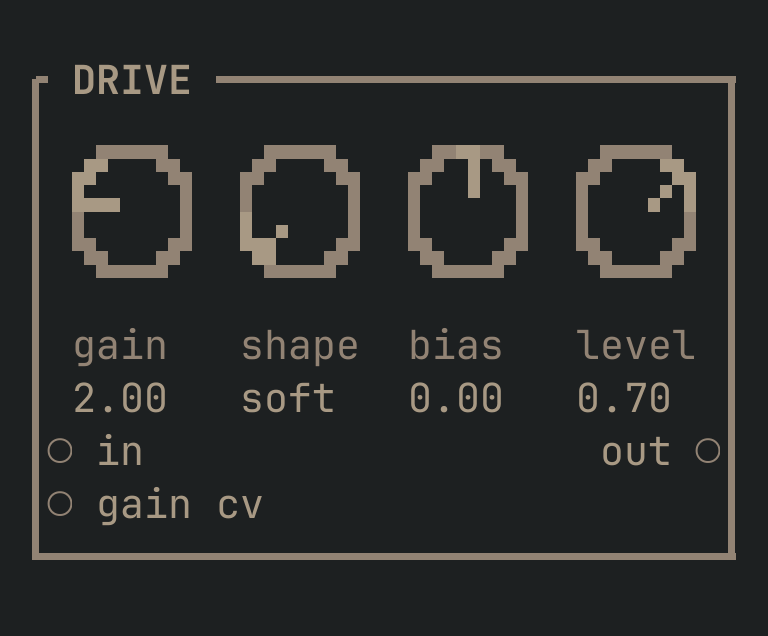 The DRIVE card as vimsynth draws it, 32 by 12 terminal cells
