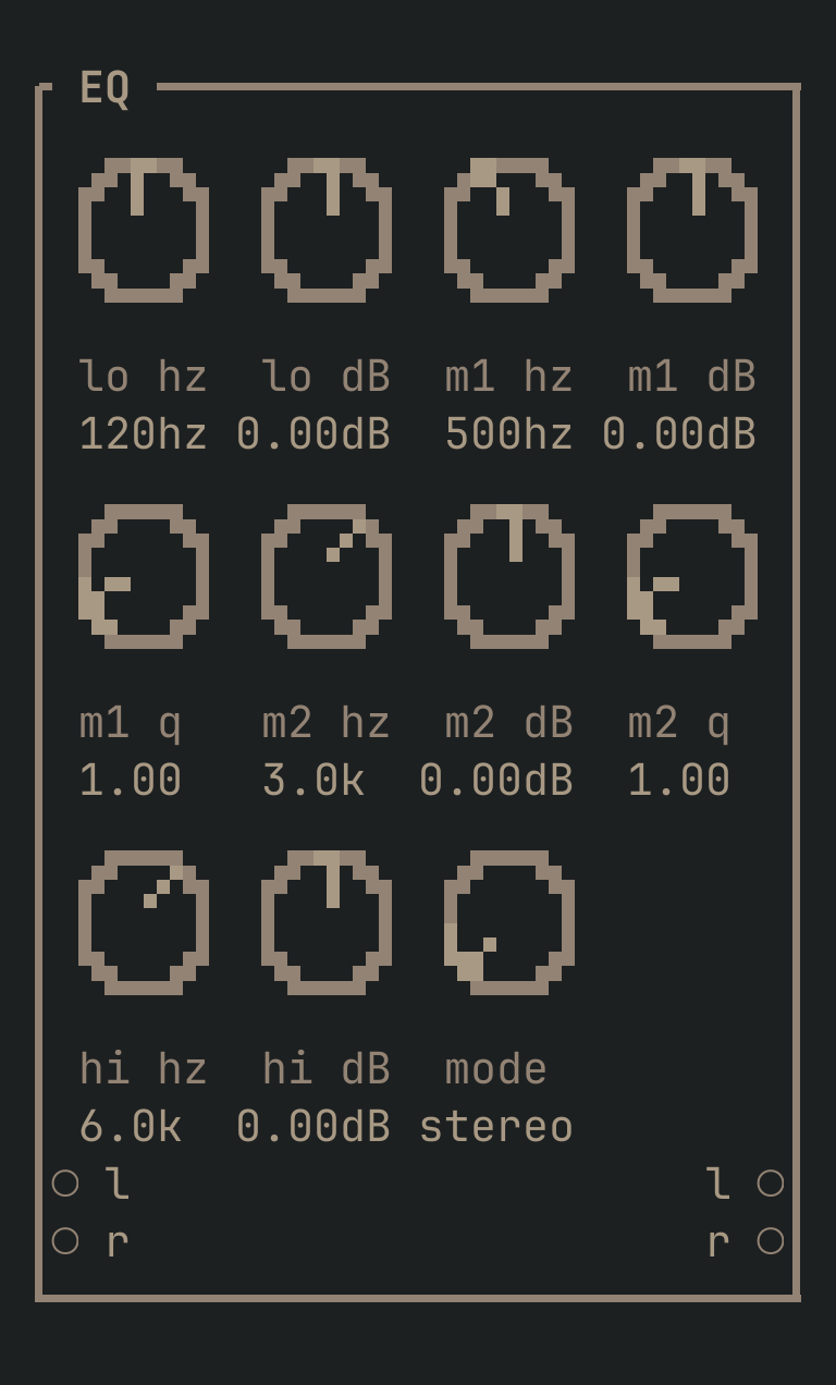 The EQ card as vimsynth draws it, 32 by 24 terminal cells