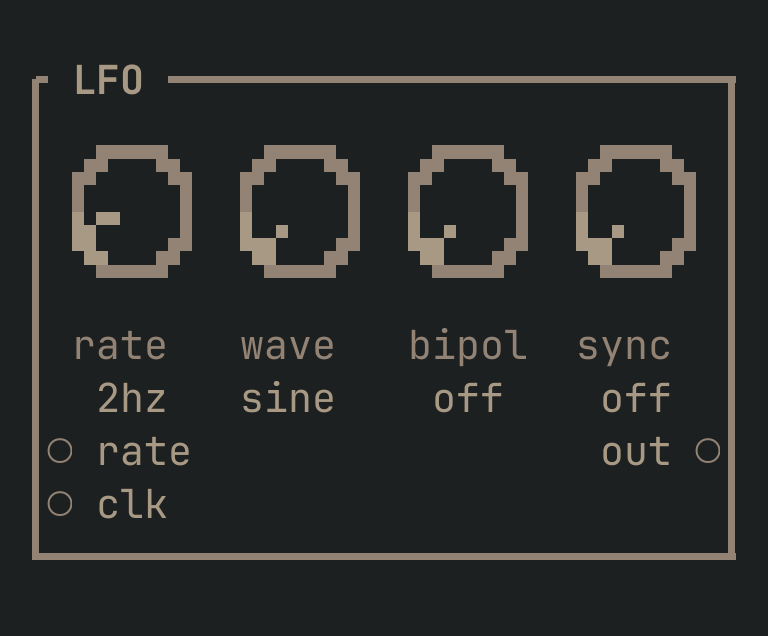 The LFO card as vimsynth draws it: its title bar, 4 knobs, 2 inputs down the left edge and 1 outputs down the right