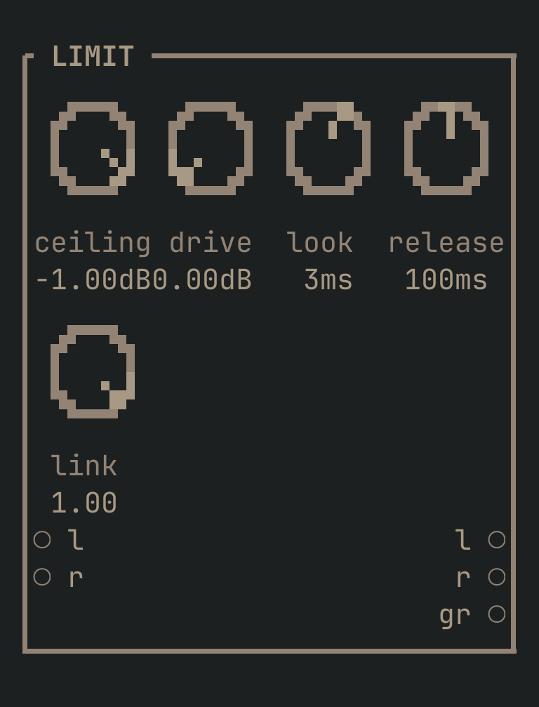 The LIMIT card as vimsynth draws it: its title bar, 5 knobs, 2 inputs down the left edge and 3 outputs down the right