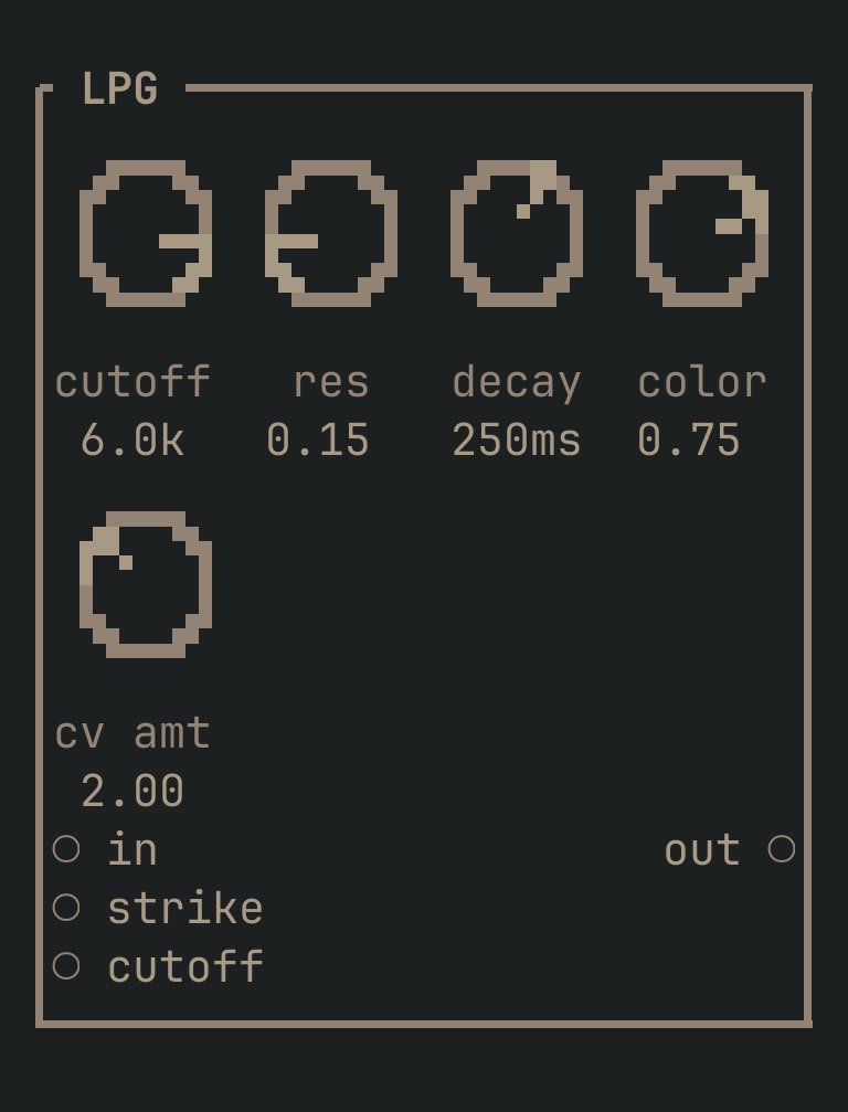 The LPG card as vimsynth draws it: its title bar, 5 knobs, 3 inputs down the left edge and 1 outputs down the right