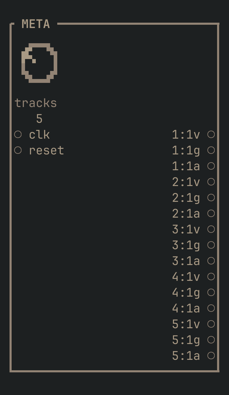 The META card as vimsynth draws it: its title bar, 1 knobs, 2 inputs down the left edge and 36 outputs down the right