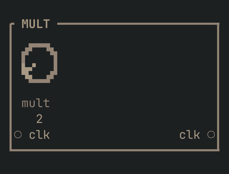 The MULT card as vimsynth draws it: its title bar, 1 knobs, 1 inputs down the left edge and 1 outputs down the right