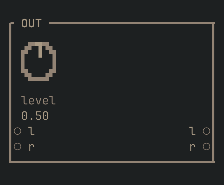 The OUT card as vimsynth draws it: its title bar, 1 knobs, 2 inputs down the left edge and 2 outputs down the right