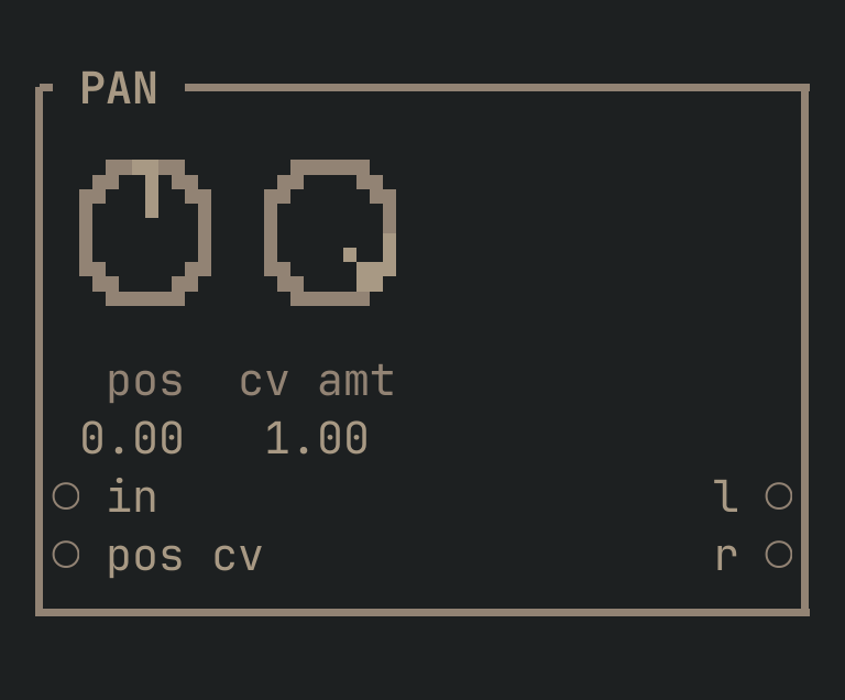 The PAN card as vimsynth draws it: its title bar, 2 knobs, 2 inputs down the left edge and 2 outputs down the right