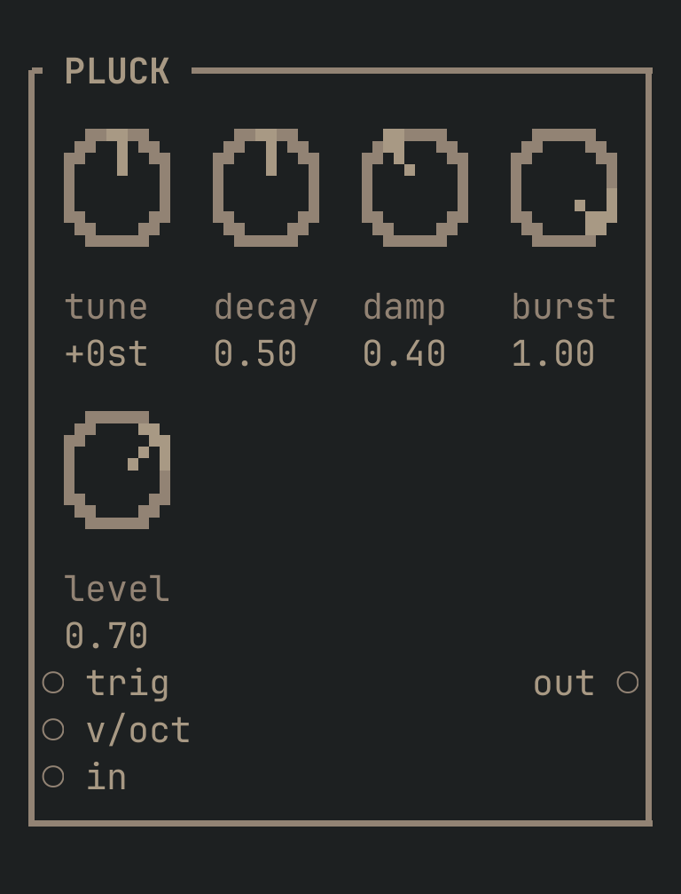 The PLUCK card as vimsynth draws it, 32 by 19 terminal cells