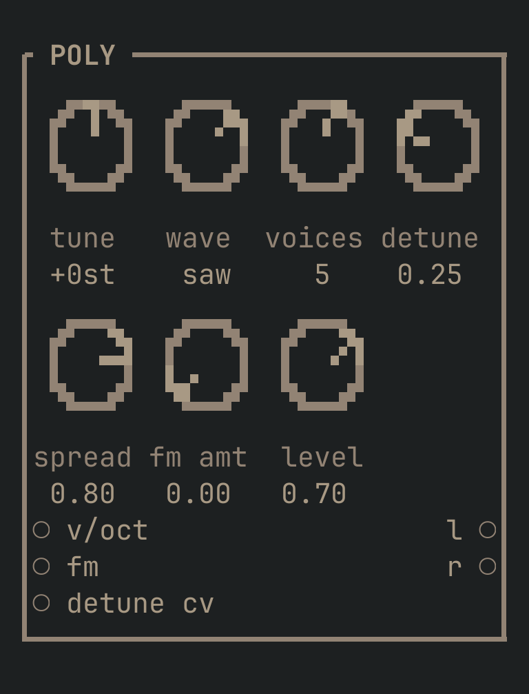 The POLY card as vimsynth draws it: its title bar, 7 knobs, 3 inputs down the left edge and 2 outputs down the right