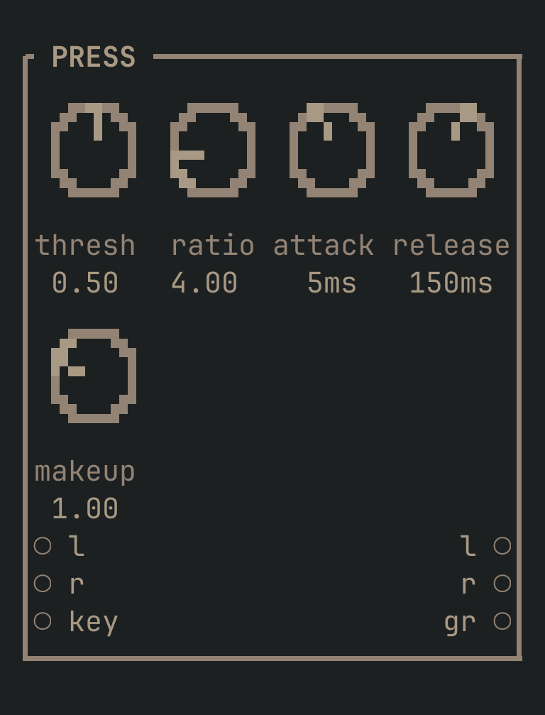 The PRESS card as vimsynth draws it: its title bar, 5 knobs, 3 inputs down the left edge and 3 outputs down the right