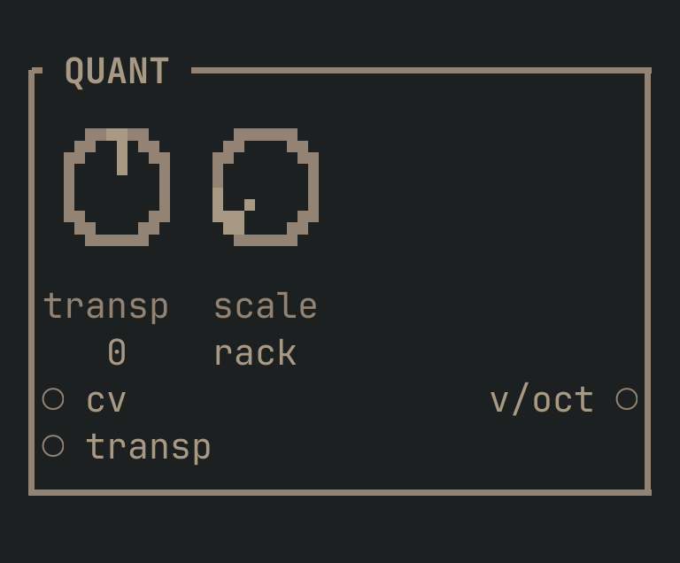 The QUANT card as vimsynth draws it: its title bar, 2 knobs, 2 inputs down the left edge and 1 outputs down the right