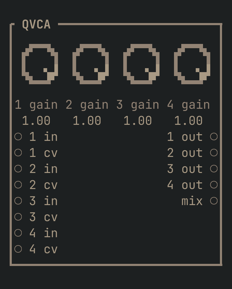 The QVCA card as vimsynth draws it: its title bar, 4 knobs, 8 inputs down the left edge and 5 outputs down the right