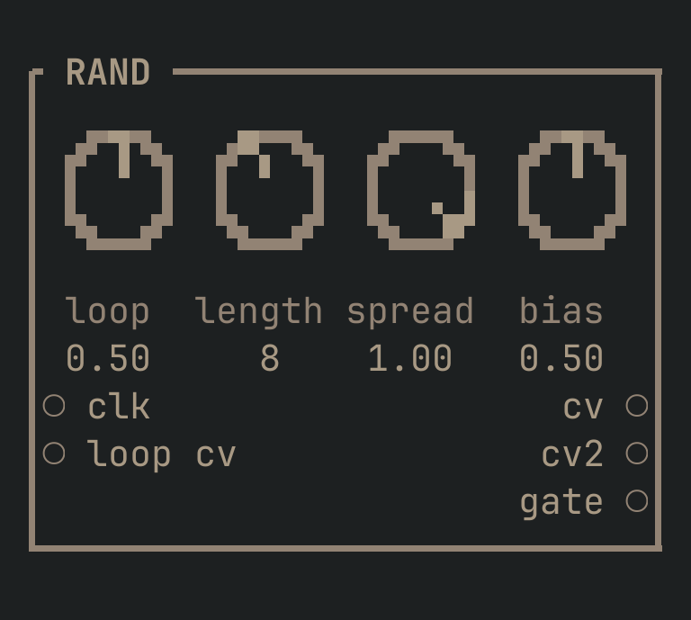 The RAND card as vimsynth draws it: its title bar, 4 knobs, 2 inputs down the left edge and 3 outputs down the right