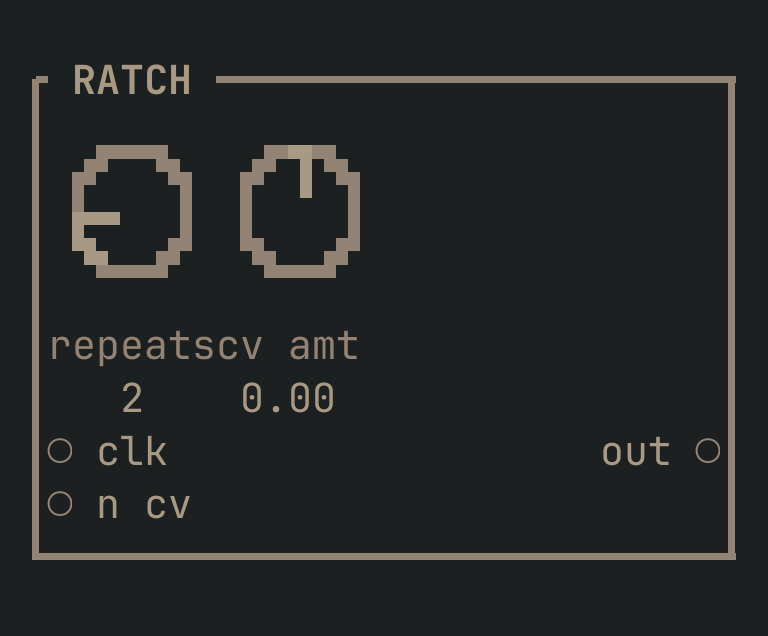 The RATCH card as vimsynth draws it: its title bar, 2 knobs, 2 inputs down the left edge and 1 outputs down the right