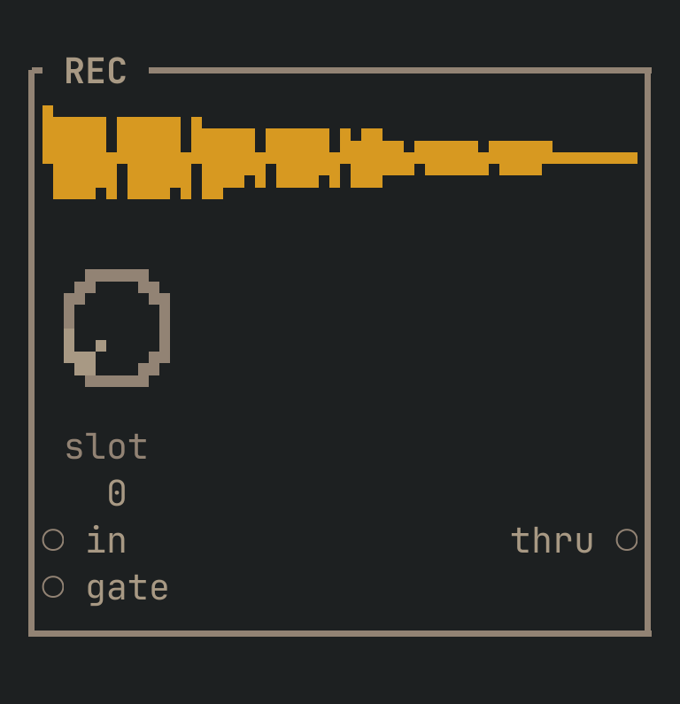 The REC card as vimsynth draws it: its title bar, 1 knobs, 2 inputs down the left edge and 1 outputs down the right