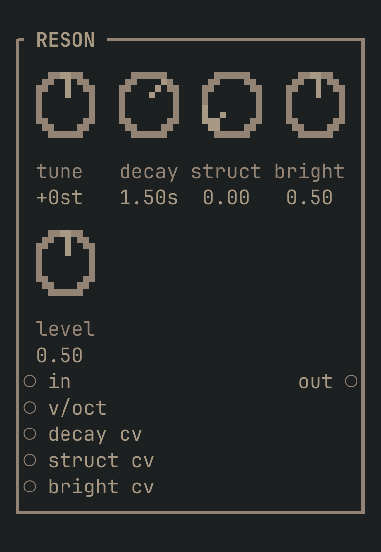 The RESON card as vimsynth draws it: its title bar, 5 knobs, 5 inputs down the left edge and 1 outputs down the right