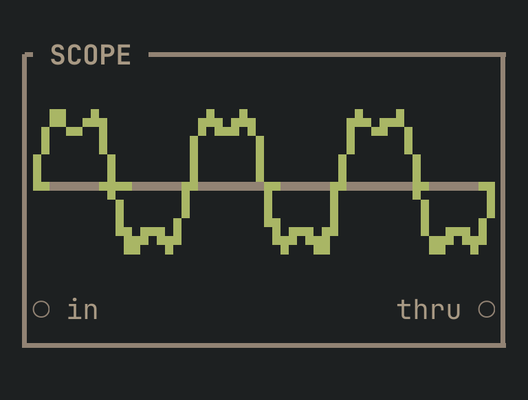 The SCOPE card as vimsynth draws it: its title bar, 0 knobs, 1 inputs down the left edge and 1 outputs down the right