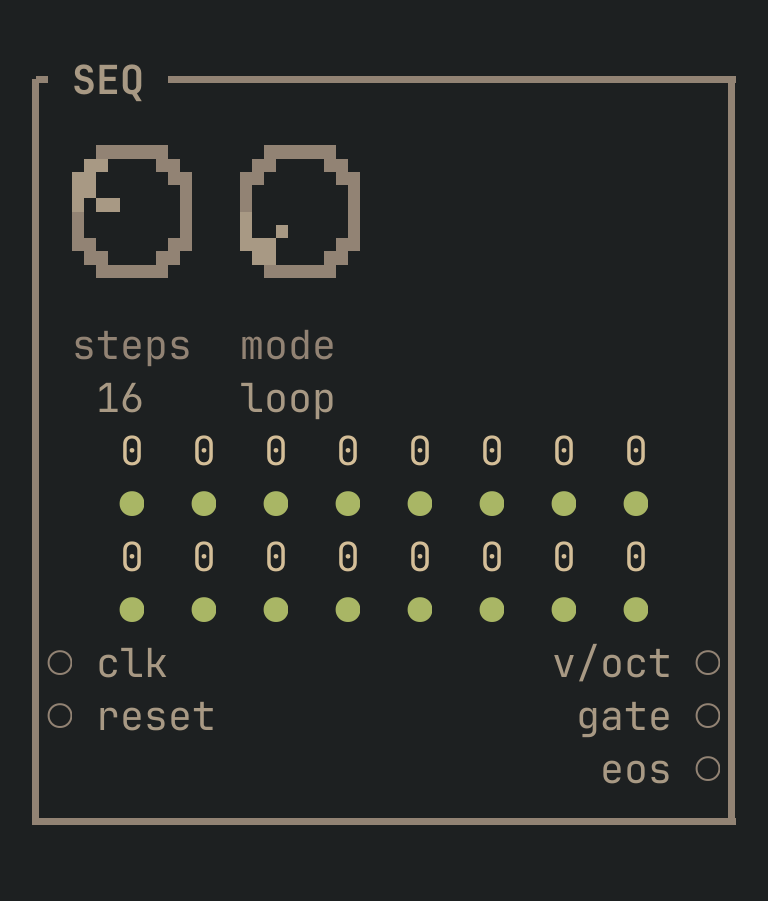 The SEQ card as vimsynth draws it: its title bar, 2 knobs, 2 inputs down the left edge and 3 outputs down the right