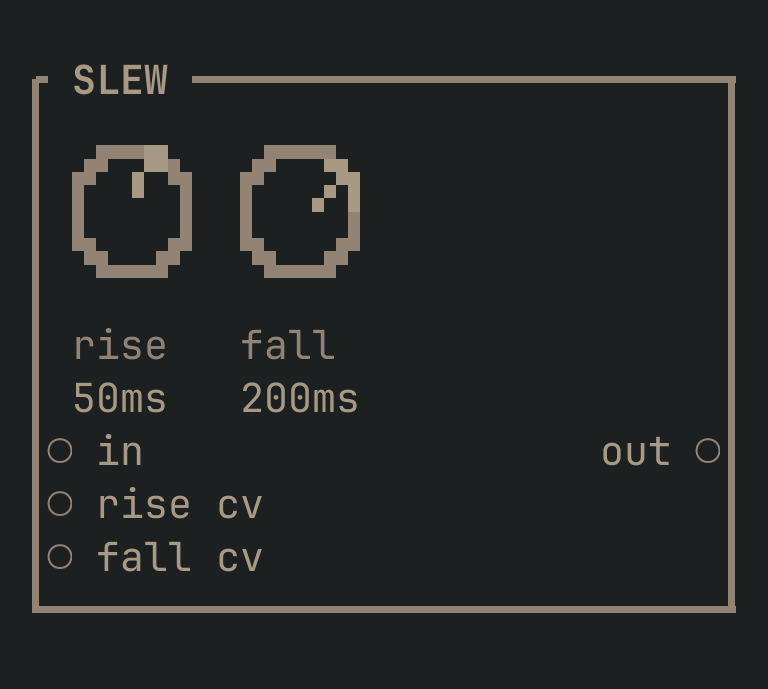 The SLEW card as vimsynth draws it: its title bar, 2 knobs, 3 inputs down the left edge and 1 outputs down the right