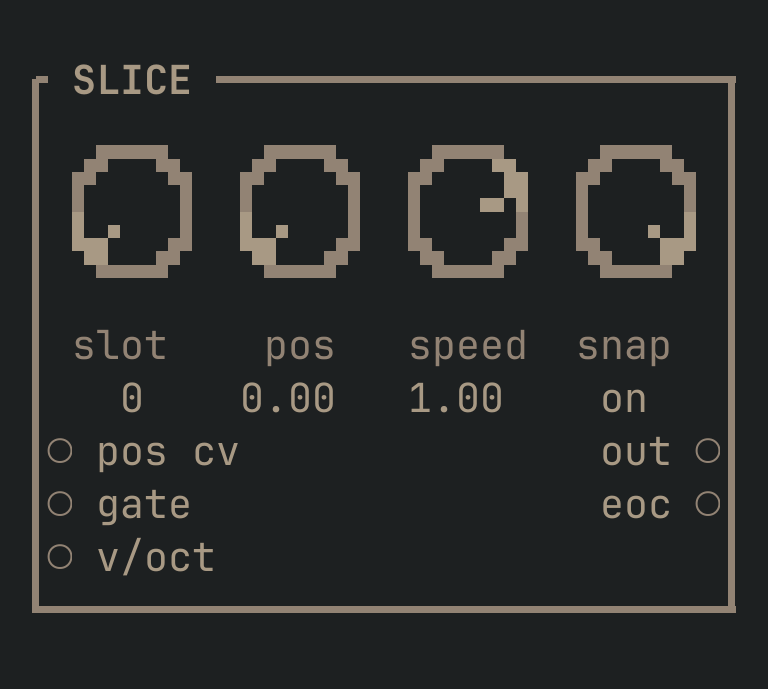 The SLICE card as vimsynth draws it: its title bar, 4 knobs, 3 inputs down the left edge and 2 outputs down the right