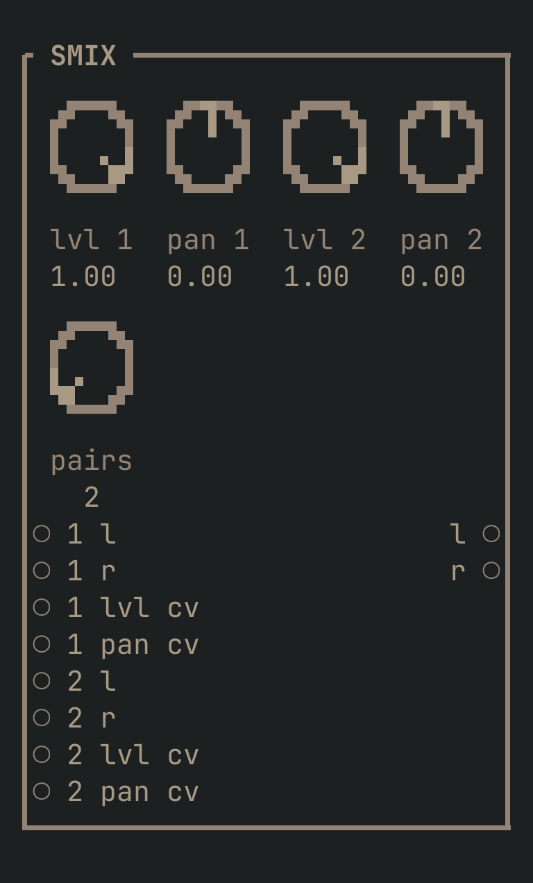 The SMIX card as vimsynth draws it: its title bar, 9 knobs, 16 inputs down the left edge and 2 outputs down the right