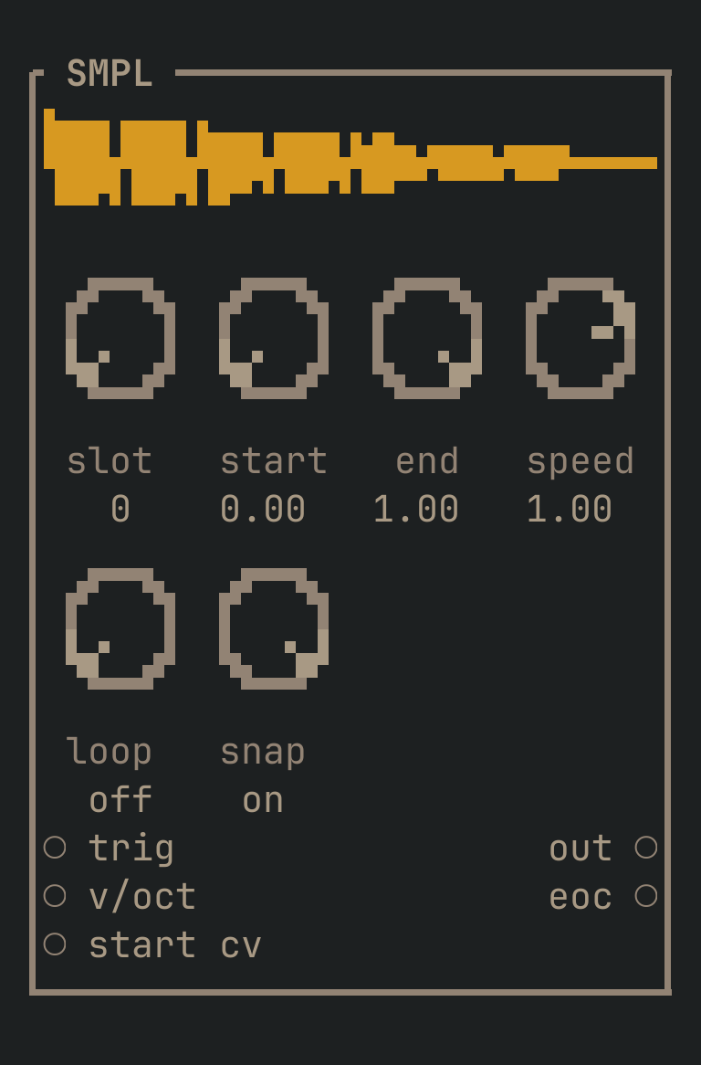 The SMPL card as vimsynth draws it: its title bar, 6 knobs, 3 inputs down the left edge and 2 outputs down the right
