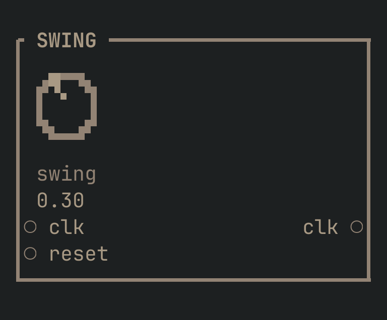 The SWING card as vimsynth draws it: its title bar, 1 knobs, 2 inputs down the left edge and 1 outputs down the right