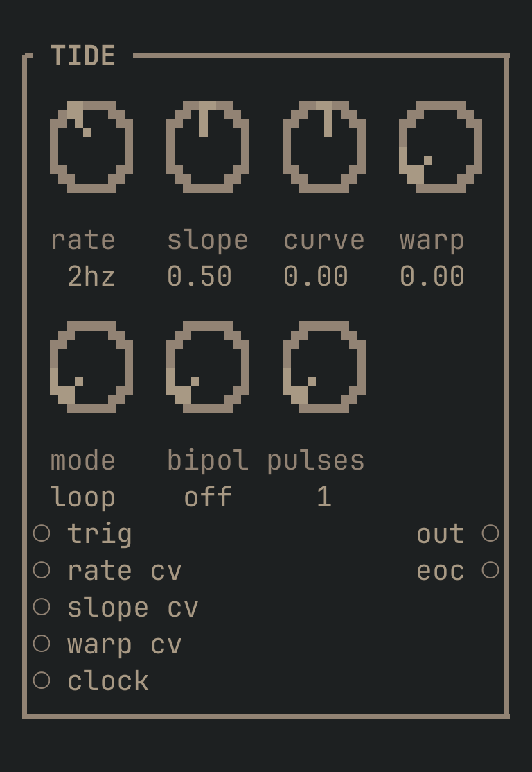 The TIDE card as vimsynth draws it: its title bar, 7 knobs, 5 inputs down the left edge and 2 outputs down the right