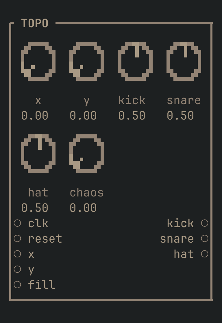 The TOPO card as vimsynth draws it: its title bar, 6 knobs, 5 inputs down the left edge and 3 outputs down the right