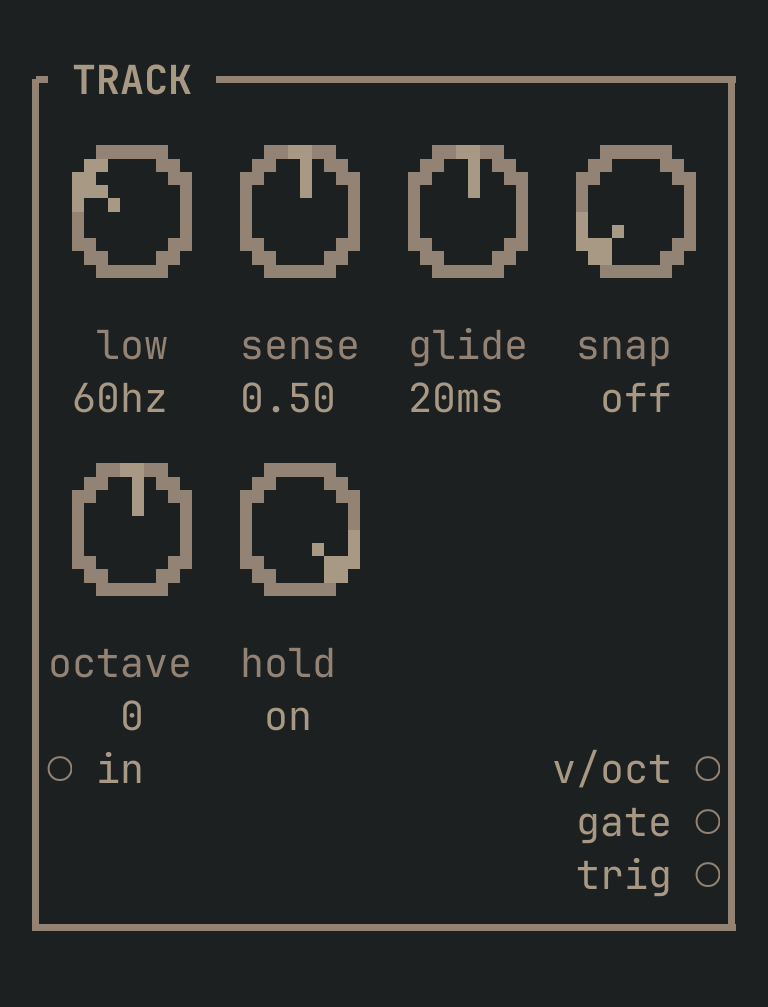 The TRACK card as vimsynth draws it: its title bar, 6 knobs, 1 inputs down the left edge and 3 outputs down the right