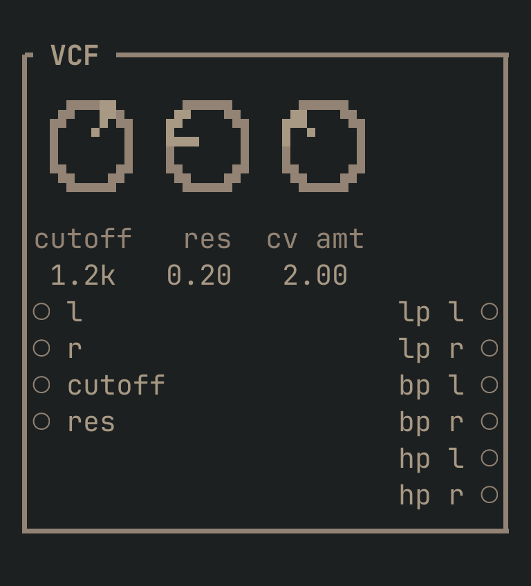 The VCF card as vimsynth draws it: its title bar, 3 knobs, 4 inputs down the left edge and 6 outputs down the right