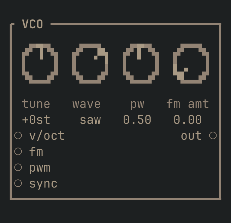 The VCO card as vimsynth draws it, 32 by 14 terminal cells
