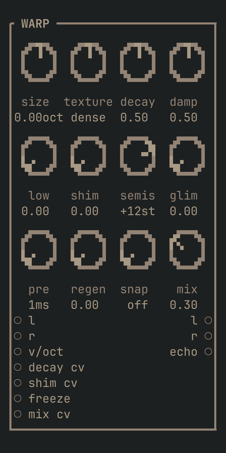 The WARP card as vimsynth draws it: its title bar, 12 knobs, 7 inputs down the left edge and 3 outputs down the right