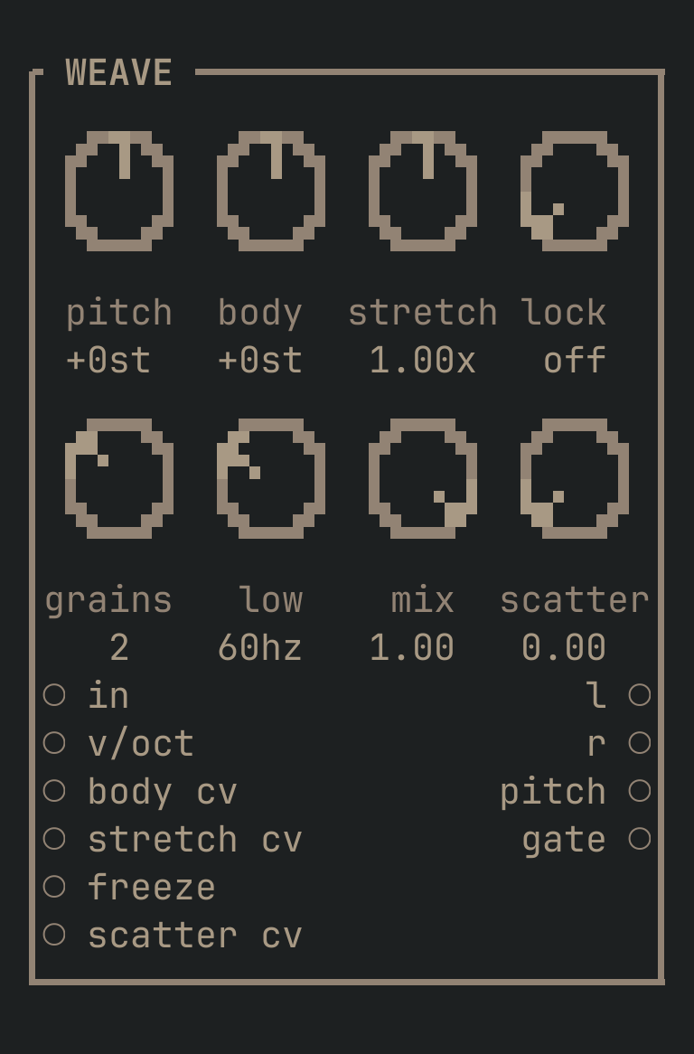 The WEAVE card as vimsynth draws it: its title bar, 8 knobs, 6 inputs down the left edge and 4 outputs down the right
